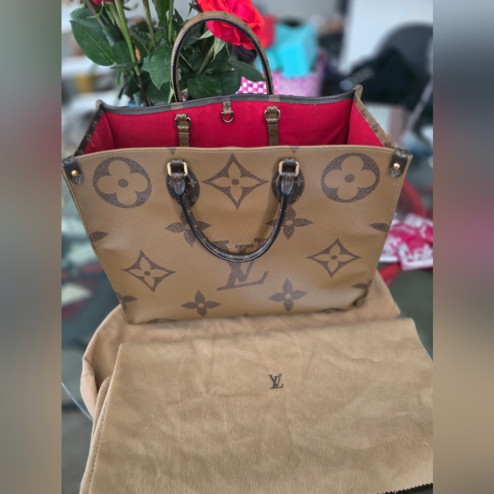 Louis Vuitton Brown and Red Tote Bag with Iconic Monogram